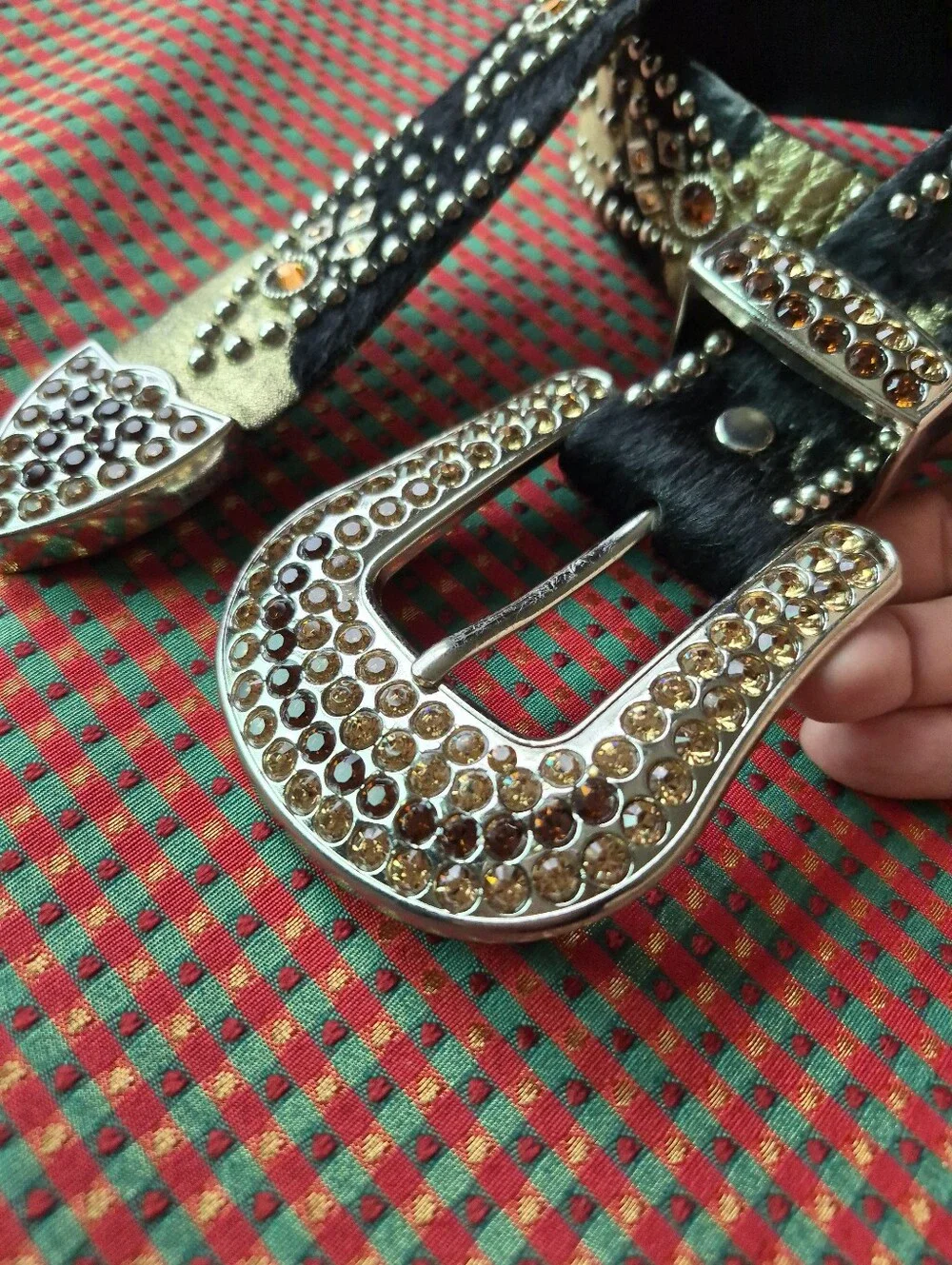 Kippys Swarovski Crystal Rhinestone Cow Hide Leather Belt Size 30 Amber Bronze